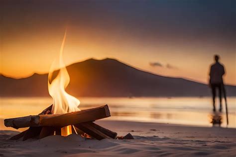 Premium AI Image | a fire burns in front of a mountain at sunset.