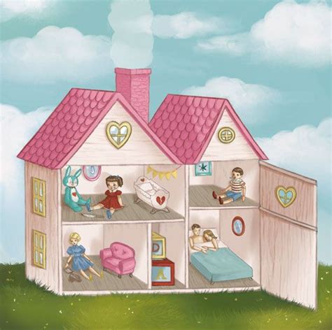 A Wooden Doll House With People Inside And Outside The House Including