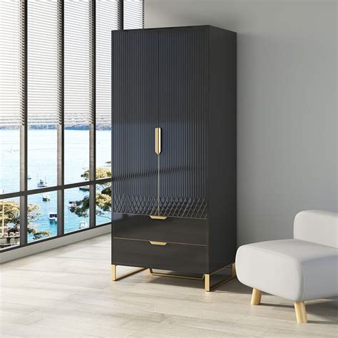 Aro Modern Black Tall Wardrobe with Storage Bedroom Clothing Armoire ...