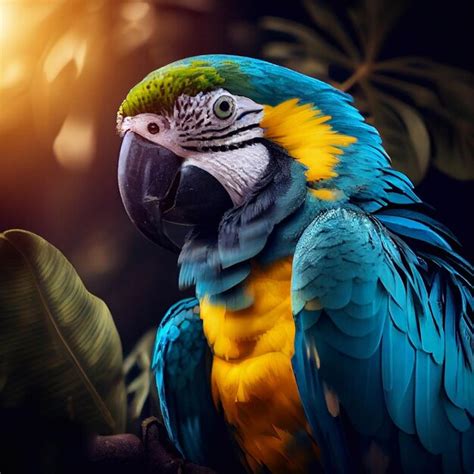 Loro De Macao Se Sienta En Una Rama Guacamayo En Bosque Tropical Escena