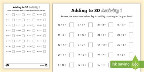 Adding To 30 Activity Sheet 1 Addition To 30 Twinkl