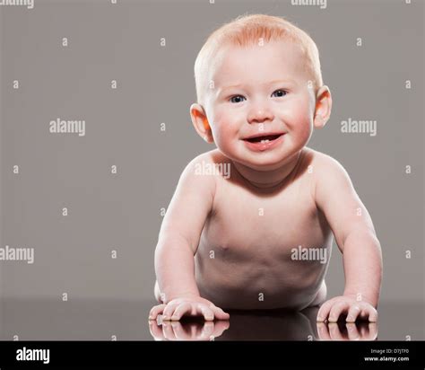 Studio Shot Of Naked Baby Boy 18 23 Months Crawling Stock Photo Alamy