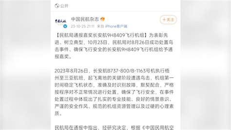 成功处置鸟击事件，民航局通报嘉奖长安航一飞行机组 七环视频 澎湃新闻 The Paper