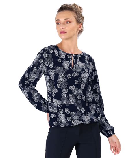 Elegant Viscose Blouse Printed With Floral Motifs Navy Blue Yokko