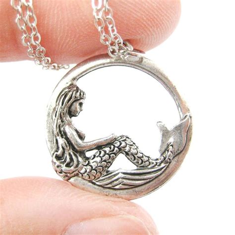 Detailed Mermaid Round Hoop Pendant Necklace In Silver Made In Usa