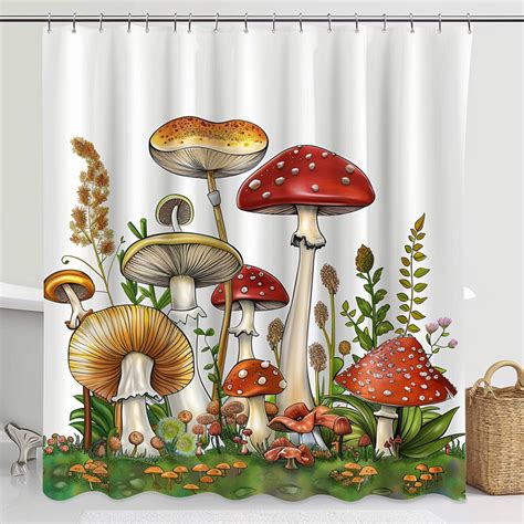 Whimsical Mushroom Garden Shower Curtain Cartoon Style Hyper Realistic