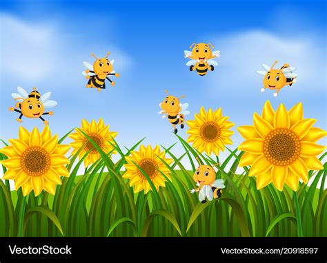 Bees Flying In Sunflower Garden Royalty Free Vector Image