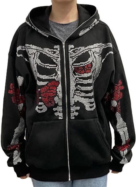 Rhinestone Skull Skeleton Streetwear Oversized Hoodie Men Jacket Jacket