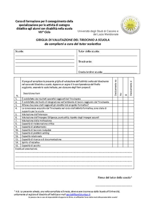 Griglia Valutazione Tirocinio VIII Ciclo Corso Di Formazione Per Il