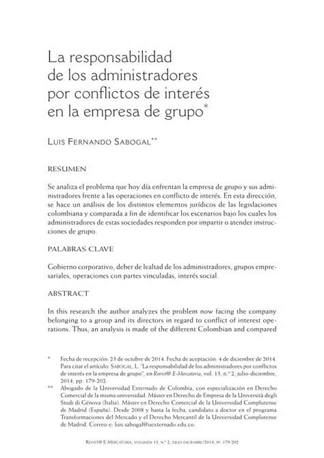 Pdf La Responsabilidad De Los Administradores Por Conflictos