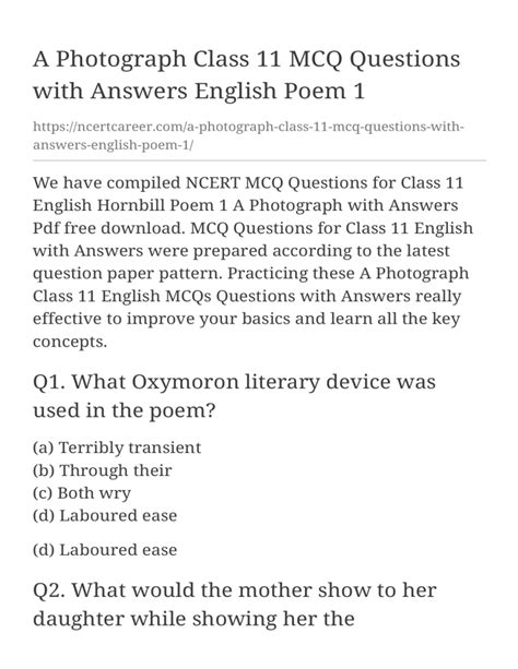 A Photograph Class 11 Mcq Questions With Answers E