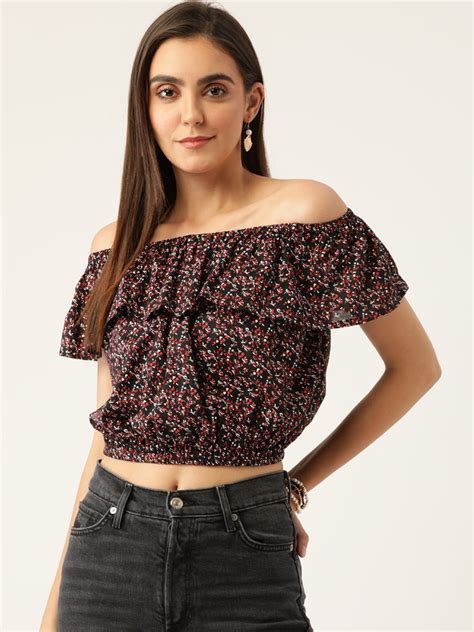 Black And Red Floral Print Off Shoulder Bardot Crop Top