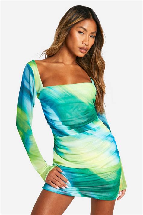 Square Neck Ruched Mesh Printed Bodycon Dress Boohoo Uk