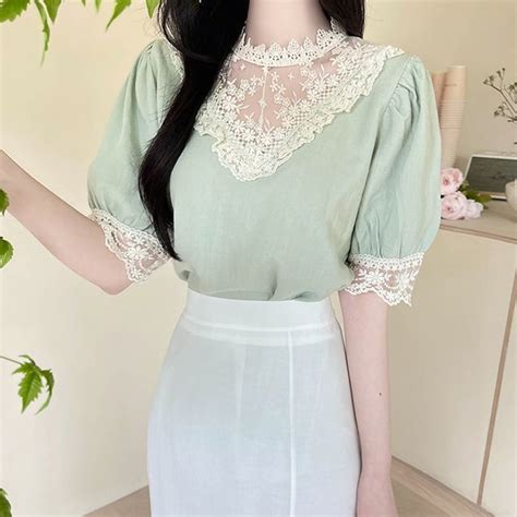 MyFiona Puff Sleeve Lace Panel Blouse YesStyle