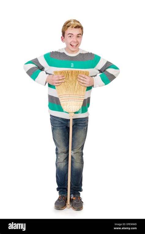 Funny Man With Mop Isolated On White Stock Photo Alamy