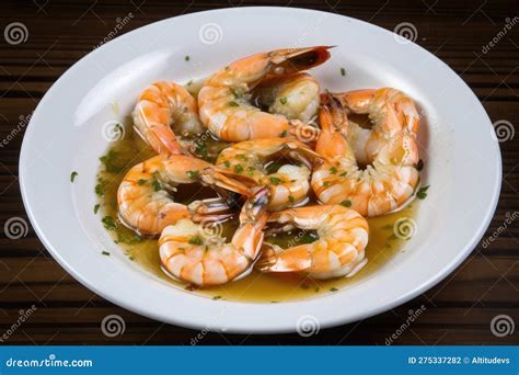 Dish Of Tiger Shrimp Prawns Sauteed In Garlic Butter And White Wine