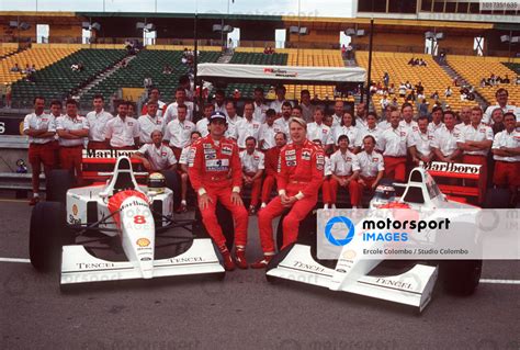 Ayrton Senna and Mika Häkkinen pose with their McLaren MP4 8 Fords and