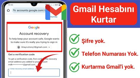 Kurtarma E Postas Ve Telefon Numaras Olmadan Gmail Ifresi Nas L