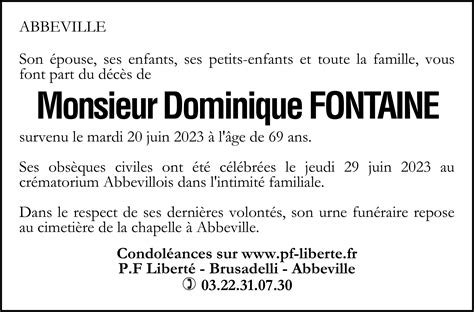 Avis De Décès De Dominique Fontaine Pompes Funèbres Liberté Brusadelli