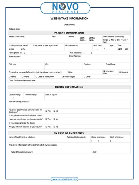 Fillable Online Wsib Intake Information Novo Healthnet Limited Fax