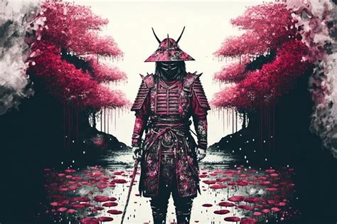 Samurai em pé no jardim da cachoeira espadas no chão ilustração de