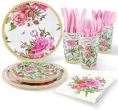 Fanquare Floral Party Tableware 124 Pcs Recyclable Party Tableware Set