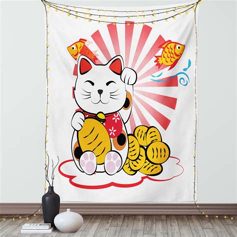 Japanese Cat Tapestry Kitten Lover Maneki Neko Fishbones Lucky Cat On