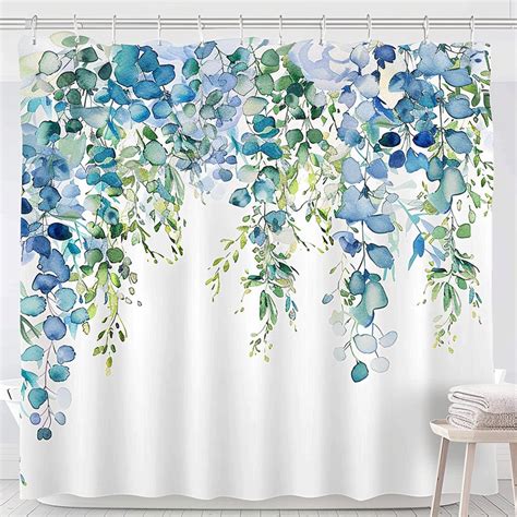 Watercolor Blue Green Floral Leaves Shower Curtain Boho Style Bathroom