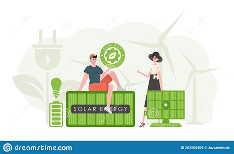 Man And Woman And Solar Panels Green Energy Concept Vector Stock