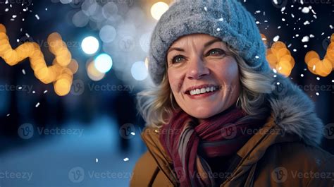 Ai Generated Evening Portrait Of Cheerful Middle Aged Woman On Winter