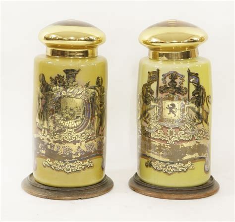 Two Large Apothecary Display Jars And Covers Each Reverse Painted With