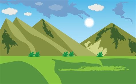 Cartoon mountain landscape with blue sky, sun and Clouds, green field. Meadows Grassland 2d ...