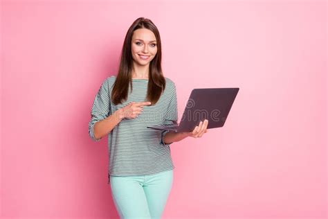 Photo Of Optimistic Cute Brunette Long Hair Lady Pointing Laptop Wear