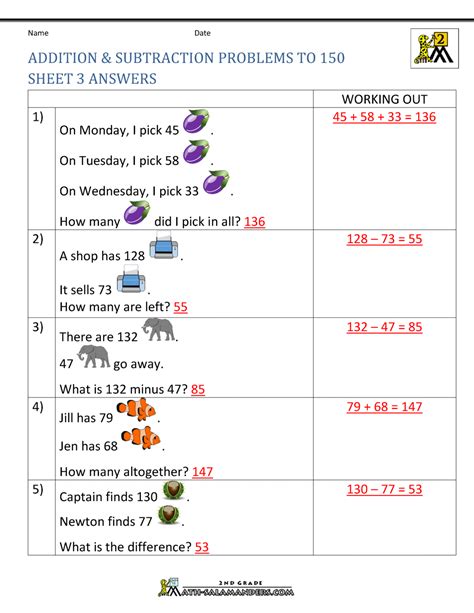 Math Salamanders 3rd Grade Addition And Subtraction Word Problems Free Printable Worksheet