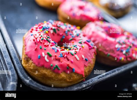 Pink Iced Donuts With Rainbow Sprinkles Stock Photo Alamy