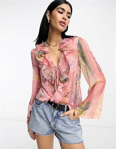 River Island Paisley Ruffle Blouse In Pink Asos