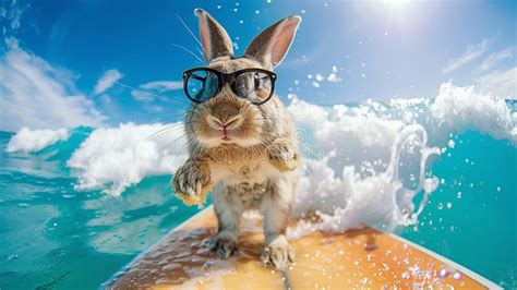 A Rabbit Is Surfing On A Yellow Surfboard In The Ocean Summer Season