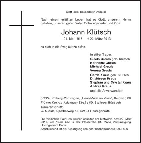 Traueranzeigen von Johann Klütsch Aachen gedenkt