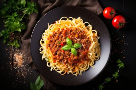 Generate AI Italian Pasta Bolognese Top View Dark Plate With