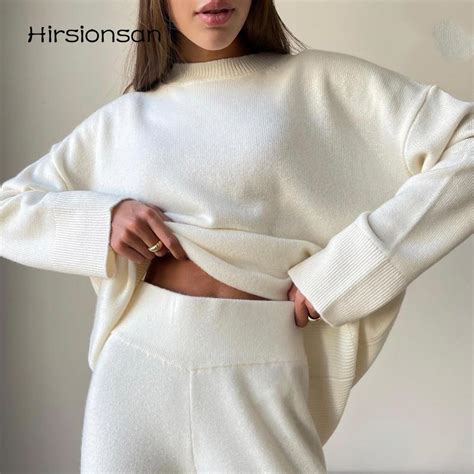 Cheap Hirsionsan Winter Thick Women Suits Soft 2 Pieces Cashmere Female Sets O Neck Sweater