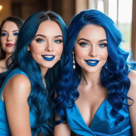 3 Ladies With Blue Eyes Flowing Blue Hair Smiling