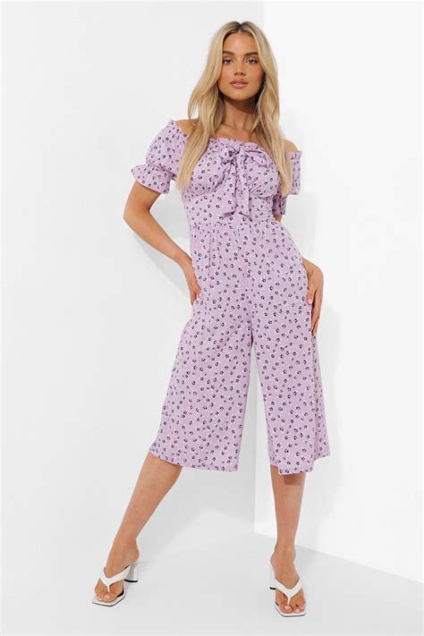 Women S Floral Bardot Puff Sleeve Culotte Jumpsuit Boohoo Uk