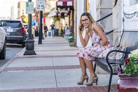 A Lovely Blonde Model Enjoys An Autumn Day Outdoors In A Small Town Stock Photo Image Of Eyes