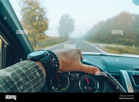 Car Travel Concept Man Hand On Steering Wheel Speedway Stock Photo Alamy