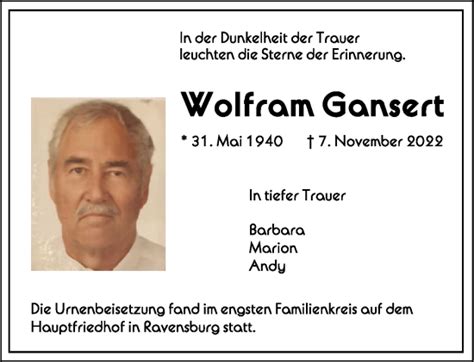 Traueranzeigen Von Wolfram Gansert Schwaebische De Trauerportal