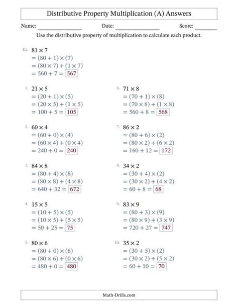 Multiply 2 Digit By 1 Digit Numbers Using The Distributive Property A