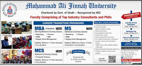 Admission Open In Muhammad Ali Jinnah University Karachi 10 May 2016