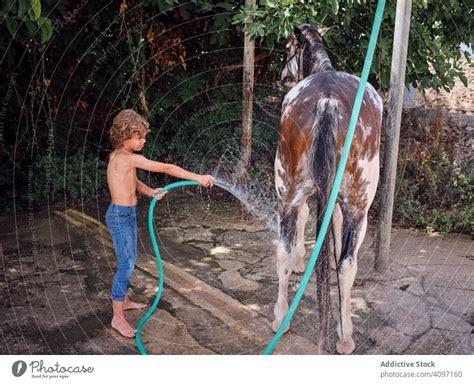 Streicheln Und Waschen Von Kindern Im Sommer Ein Lizenzfreies Stock