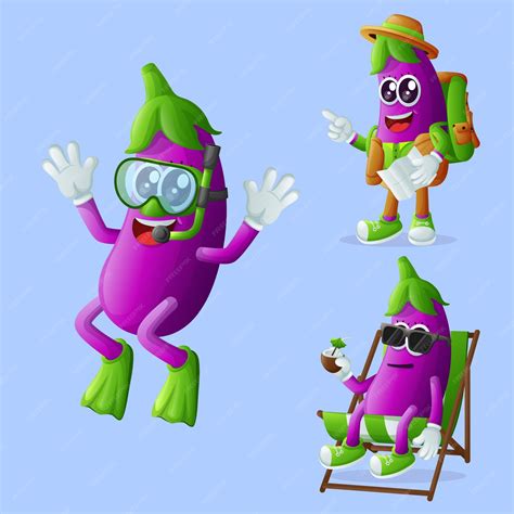 Premium Vector Cute Eggplant Characters On Vacation