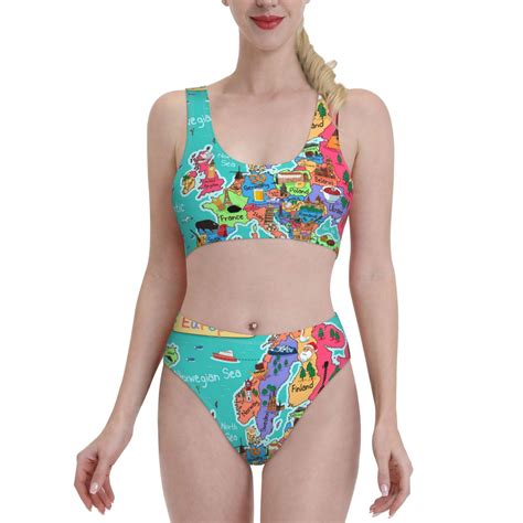 Haiem Cartoon Map Of Europe Women S High Waisted Bikini Set Two Piece